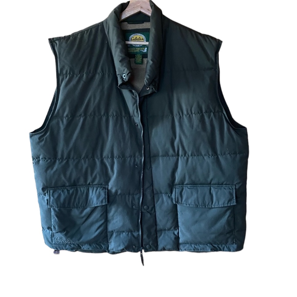 Cabelaâs Dark Green Goose Down Zip Up & Snap Puffer Vest